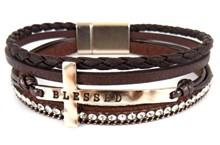 Leather Magnetic Inspirational Bracelet with Cross BLESSED Brown