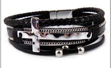 Leather Magnetic Bracelet  with Cross Black