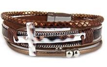 Leather Magnetic Bracelet with Cross Brown