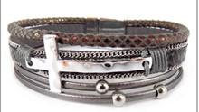 Leather Magnetic Bracelet with Cross Gray