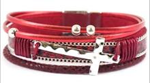 Leather Magnetic Bracelet Red with Cross