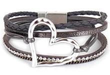 Multi Strand Hammered Heart Bracelet with Metal Beads and Leather Magnetic Closure - 7 Colors