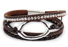 Multi Strand Oval Pendant and Crystals Leather Bracelet with Magnetic Closure - 5 Colors