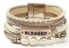 Leather Magnetic Inspirational Bracelet BLESSED Cream