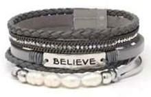 Leather Magnetic Inspirational Bracelet BELIEVE Gray