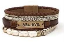 Leather Magnetic Inspirational Bracelet BELIEVE Brown