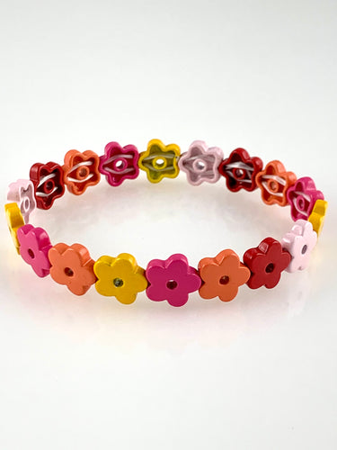 Beaded Stretch Bracelet with Flowers - Reds