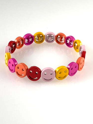 Beaded Stretch Bracelet with Happy Faces - Reds