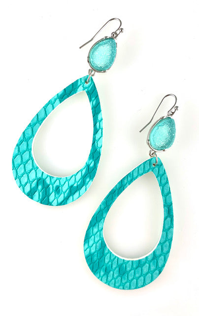 Turquoise Snake Skin Print Faux Leather Earrings