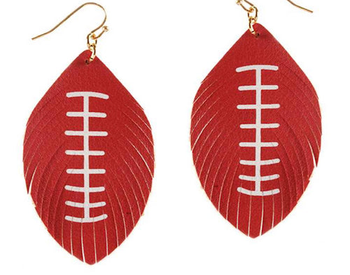 Feathered Football Leather Sport Earrings White and Red