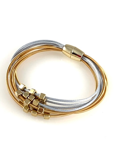 Silver and Gold Magnetic Bracelet with Multi-strand Piano Wire and Metal beads